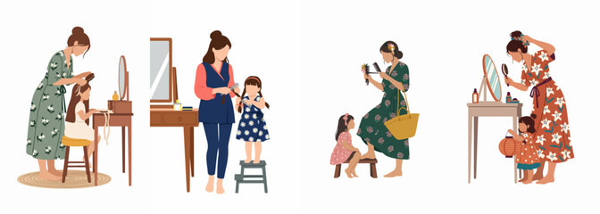 Collection of illustrations showing mothers grooming and braiding their daughters' hair at dressing tables, emphasizing a nurturing family bond and morning routines.