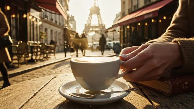 Coffee cup and book on cafe table with Eiffel Tower view