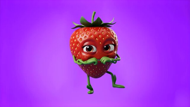 A cheerful 3D animated strawberry character with leafy arms stands posing on a vibrant purple background. Perfect for juice packaging intros, dessert marketing, and social media food graphics.