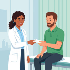 Obraz premium Doctor giving prescription to patient in clinic exam room, diverse healthcare professional and man interacting, medical consultation vector illustration.