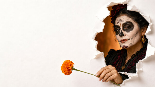Elegant La Catrina Emerging Through Torn White Paper and Presenting Copy Space With an Orange Marigold for Day of the Dead Celebration