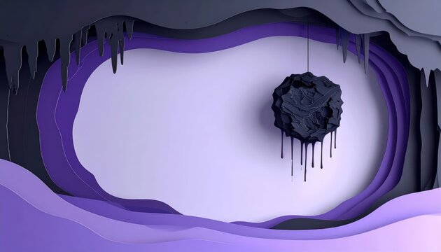 Abstract Purple Papercut Background with 3D Layered Waves and Melting Sphere with Central Copy Space