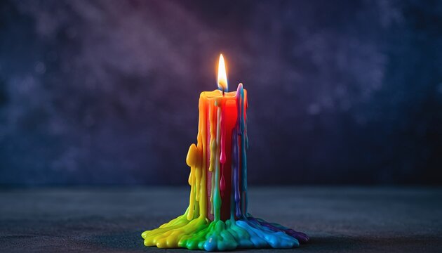 Colorful Melting Candle with Flickering Flame on Dark Background.