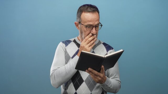 Middle aged man wearing glasses and argyle sweater holding book with hand to mouth gesture in studio with blue backdrop; surprise curiosity reflection.