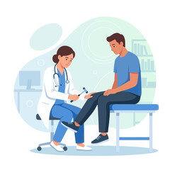 Fototapeta premium Doctor performing reflex test on patient with reflex hammer in examination room, flat vector illustration.