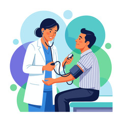 Fototapeta premium Doctor taking patient's blood pressure in a modern, minimalist vector illustration with colorful abstract circles.