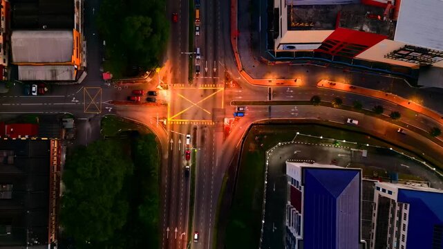 Malaysia, Seremban - January 3, 2025 Top view of an illuminated intersection in the town.