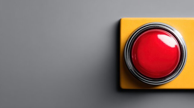 Bright red button on a yellow rectangular base against a gray background