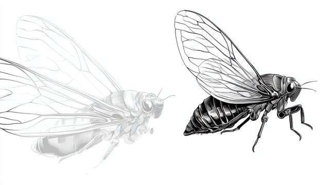 Detailed Illustration of a Cicada with Transparent Wings Outline