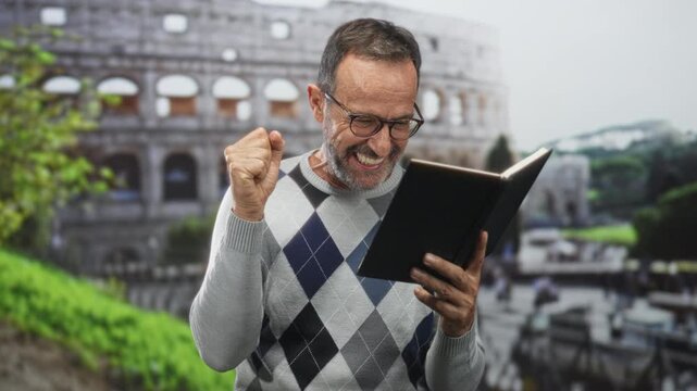 Man wearing glasses and argyle sweater reads a book with fist raised in front of a historic building, smiling broadly and gripping the pages; triumph joy.