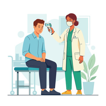 Doctor taking patient's temperature with infrared thermometer, flat vector illustration