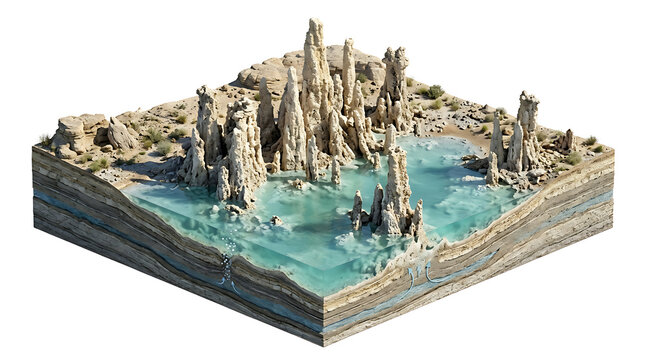 Mono Lake geological cross-section block isolated landscape model illustration