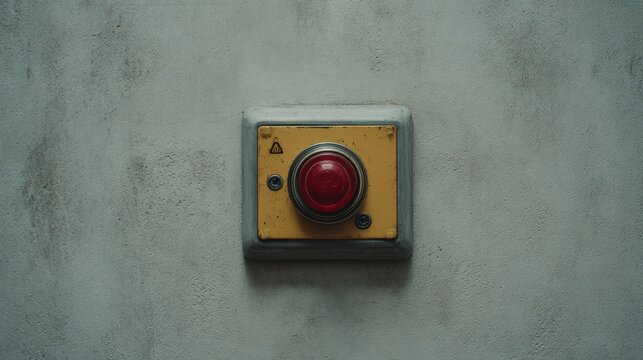 Close up of a red button on a yellow square control panel on a wall