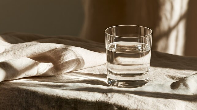 Clear glass of water on textured beige linen lit by warm sunlight with soft shadows