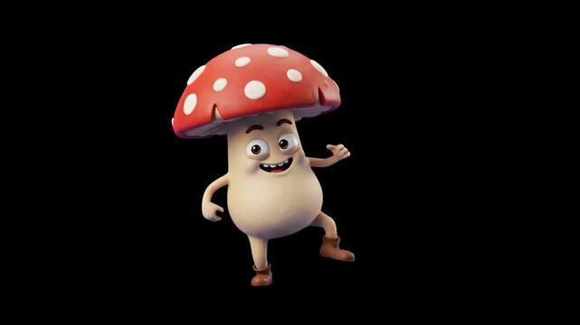 A friendly 3D animated red toadstool mushroom character dances joyfully against a dark black background. Suited for gaming overlays, fantasy animations, and creative video intros.