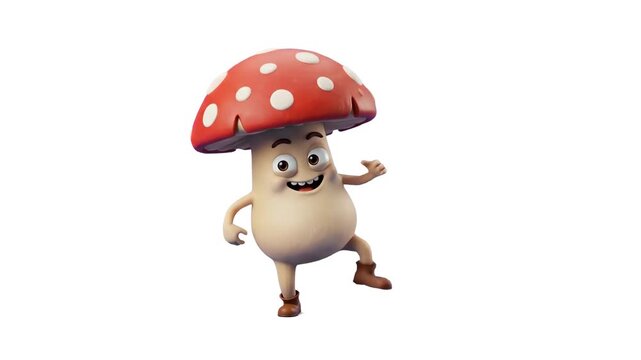 A cheerful 3D red toadstool mushroom mascot with white dots dances happily against a plain white background. Ideal for children's educational content, forest themes, and food marketing graphics.