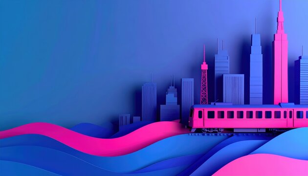 Abstract 3D Cityscape with Pink Train and Blue Skyscraper Skyline Featuring Large Copy Space for Graphic Design and Text Overlay