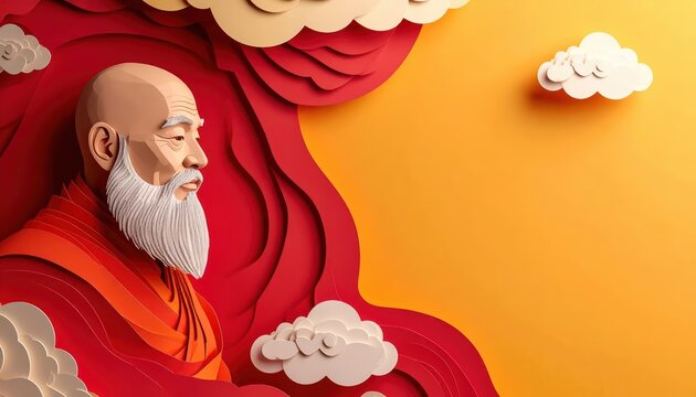 Paper Cut Art Illustration of a Wise Elderly Buddhist Monk with a Long White Beard and Red Robes, Featuring Ample Copy Space on a Vibrant Orange and Red Cloud Background