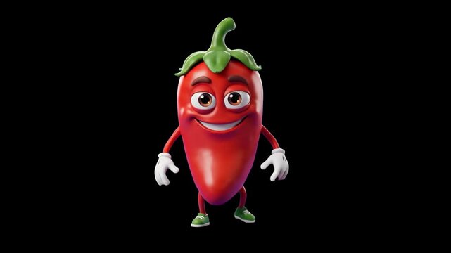A cheerful 3D animated red chili pepper character dancing dynamically against a dramatic black background. Ideal for high-contrast spicy product commercials, hot sauce advertisements, restaurant promo