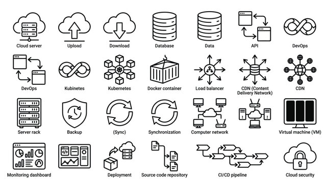 Cloud Technology Icons: A collection of modern line art icons representing various cloud computing and IT infrastructure concepts, ideal for tech presentations and digital designs.