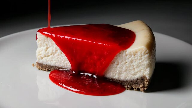  classic cheesecake slice as a thin stream of strawberry sauce slowly flows across the surface