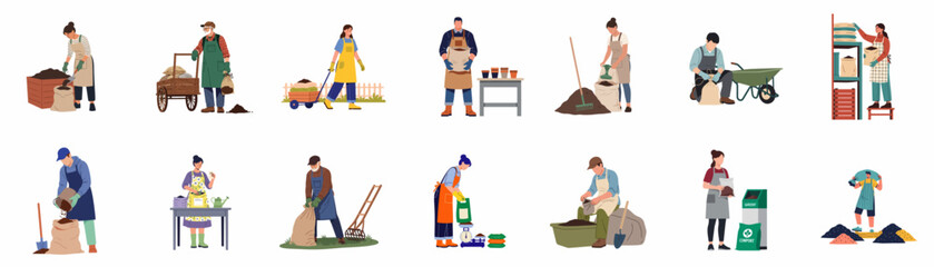 Fototapeta premium Diverse set of people gardening, bagging soil, using compost, and managing fertilizer in various garden and farm settings, isolated on a white background.