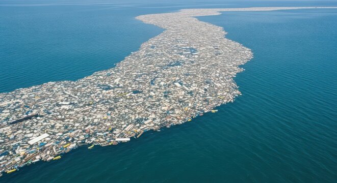 Vast Ocean Surface Covered in Floating Plastic Debris Accumulation, a Global Environmental Concern