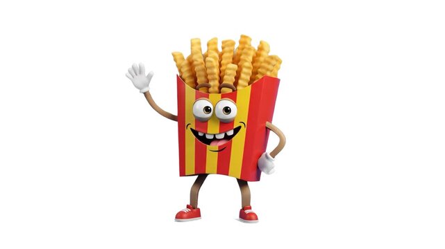 A cheerful 3D french fries character in a classic red and yellow box waving hello isolated on a clean white background. Great for fast food restaurant branding, takeaway menu visual assets, commercial