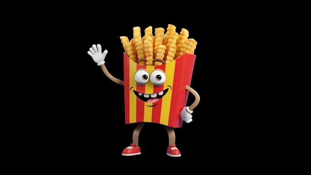 A cheerful 3D cartoon french fries pack character waving hello with a goofy smile, isolated on a solid dark backdrop. Ideal for fast food commercials, restaurant promos, takeaway branding, and high-co