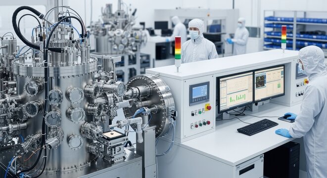 Modern evaporation deposition room designed for fabricating microshutter smartglass arrays with integrated temperature control and gas flow systems.