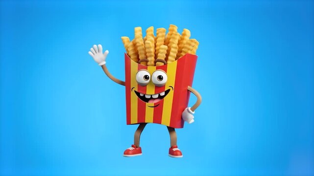 A friendly 3D cartoon French fries box mascot smiling and waving joyfully, isolated on a solid blue studio backdrop. Perfect for fast food promotions, kids menu designs, social media marketing, and cr