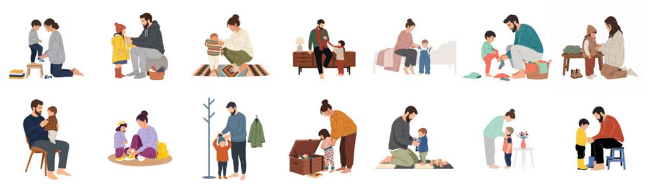Collection of illustrations showing parents helping their young children get dressed, put on shoes, and prepare for the day in various daily life scenes.