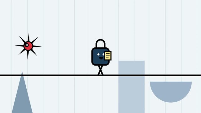 2D animation of a cute lock character walking with a document, defending against a virus with a green shield, and entering a secure digital vault to protect data