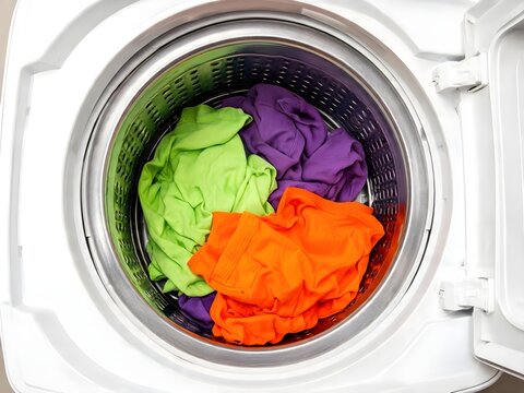 Modern Washing Machine with Colorful Clothes Inside Drum. Home Laundry Appliance, Clean Laundry Concept, Household Chores, Energy Efficient Washing Technology