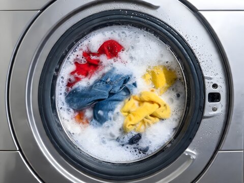 Modern Washing Machine with Colorful Clothes Inside Drum. Home Laundry Appliance, Clean Laundry Concept, Household Chores, Energy Efficient Washing Technology