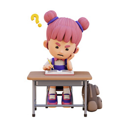 3D Cute Girl Confused While Studying Difficulty Learning Concept