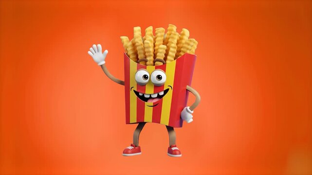 A cheerful 3D animated French fries mascot performing a fun dance routine against a warm orange studio background. Ideal for fast food advertising, social media promotions, food brand campaigns, and a