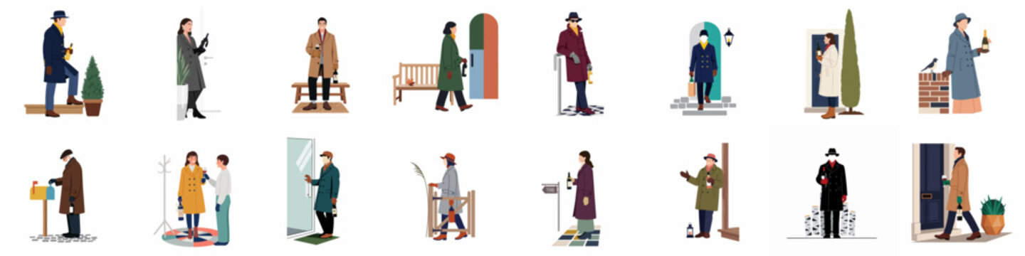 Set of illustrations featuring elegantly dressed people in winter coats holding wine bottles and glasses, celebrating during the cold season.