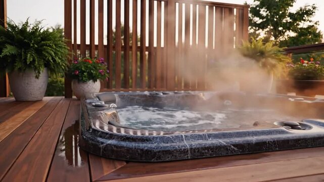 Luxury outdoor jacuzzi with steam on a modern wooden deck featuring a privacy screen