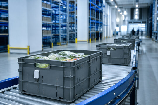 Fresh food crates moving through a modern cold chain distribution warehouse