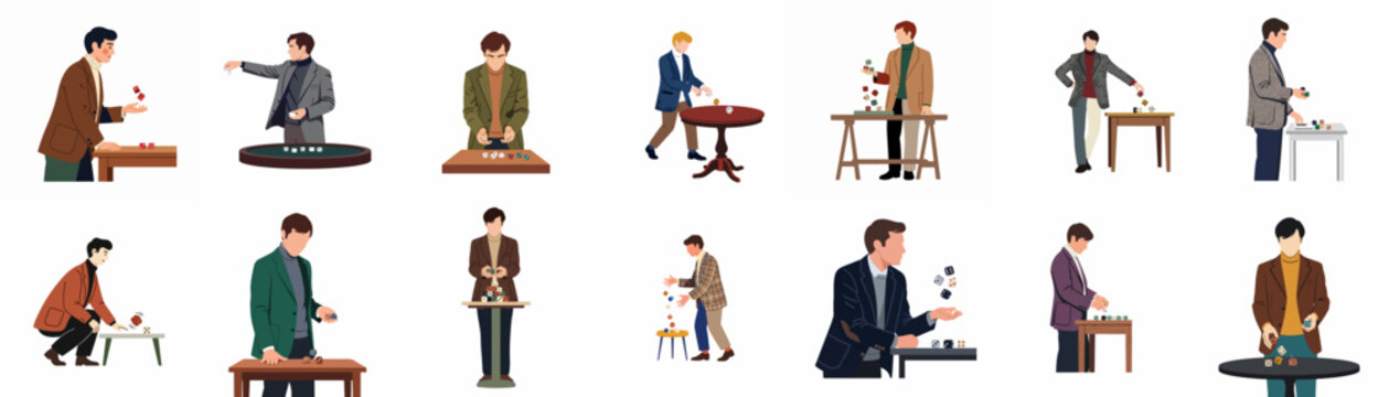 Collection of flat vector illustrations featuring stylishly dressed men engaged in various activities with dice, such as throwing and playing on tables.