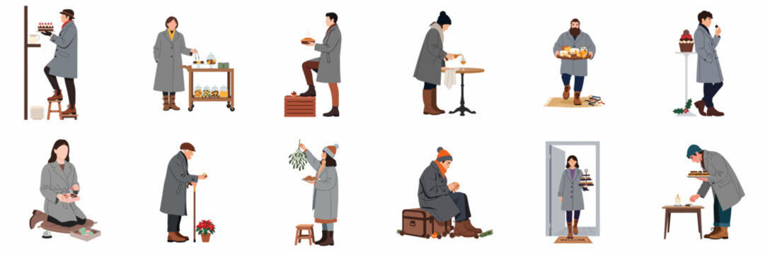 Collection of diverse people in winter coats engaged in holiday food preparations and festive activities in a flat illustration style.