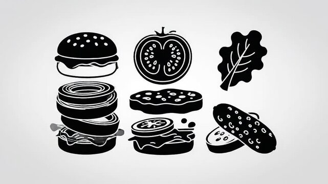 Black burger tomato and oak leaf silhouette icons set.