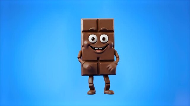 A smiling 3D cartoon chocolate bar mascot character standing cheerfully on a vibrant blue studio backdrop. Great for sweet snack advertising, confectionery packaging promos, dessert menu overlays, and