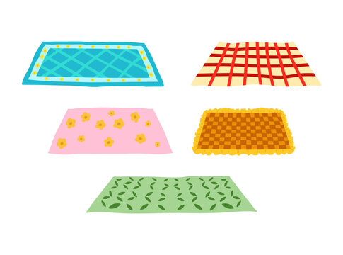 A collection of colorful cartoon picnic mats featuring floral, plaid, checkered, striped, and leafy patterns.