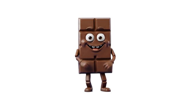 A friendly 3D cartoon chocolate bar character with a wide smile dancing happily on a clean white background. Great for confectionery branding, sweet snack advertisements, candy shop promos, and graphi