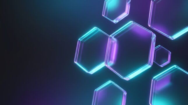 Abstract glowing hexagonal shapes with neon blue and purple lighting on dark background.