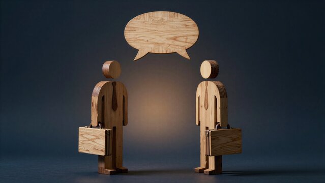 Two wooden figures with briefcases converse under a speech bubble, symbolizing business communication.