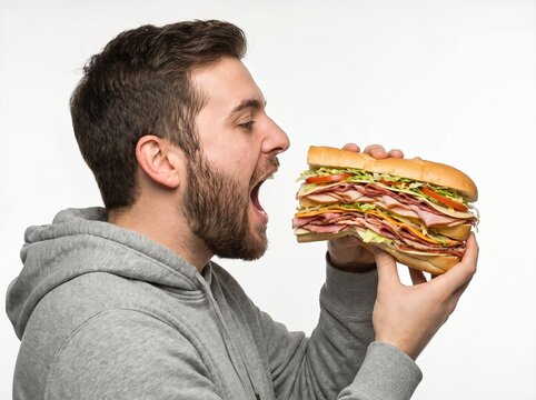 Hungry young man opening mouth wide to bite massive sandwich isolated on white