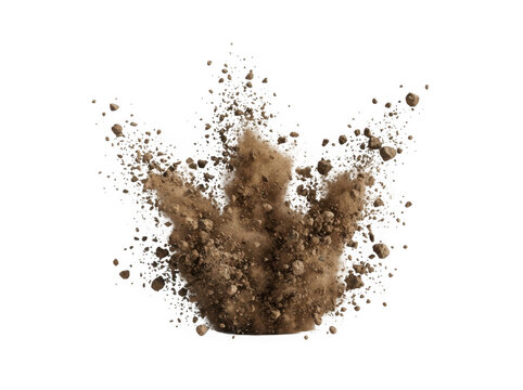 Brown dirt explosion with flying soil particles and dust